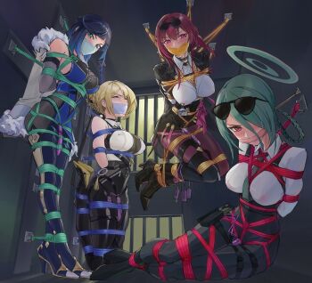 4girls absurdres arms_behind_back bdsm blonde_hair blue_archive blue_hair bondage bound bound_ankles breasts doradofin evelyn_chevalier eyewear_on_head gag genshin_impact green_hair halo highres honkai_(series) improvised_gag indoors kafka_(honkai:_star_rail) looking_at_viewer mina_(blue_archive) multiple_girls pantyhose pink_hair prison prison_cell red_eyes restrained rope sex_toy shibari shibari_over_clothes suspension tape tape_gag vibrator yelan_(genshin_impact) zenless_zone_zero