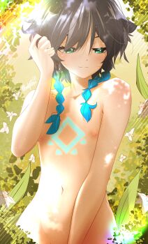 1boy absurdres aqua_hair black_hair braid chest_tattoo closed_mouth commentary completely_nude english_commentary genshin_impact green_eyes highres male_focus marky_evan multicolored_hair navel nipples nude smile solo stomach tattoo trap twin_braids venti_(genshin_impact)