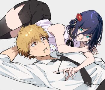 1boy 1girl arm_behind_head black_choker black_necktie black_ribbon black_shorts black_thighhighs blonde_hair blue_eyes blue_hair chainsaw_man choker collared_shirt commentary_request denji_(chainsaw_man) flower goku-chan grenade_pin highres lying neck_ribbon necktie on_back on_side pull_cord red_eyes red_flower reze_(chainsaw_man) ribbon shirt shorts sleeveless sleeveless_shirt thighhighs white_shirt