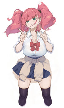 1girl absurdres atlanta_(kancolle) black_thighhighs blue_skirt bow bowtie breasts brown_cardigan button_gap cardigan cardigan_around_waist clothes_around_waist collared_shirt commentary_request earrings green_eyes highres huge_breasts jewelry kantai_collection loose_bowtie miniskirt pleated_skirt red_bow red_bowtie red_hair ryo_(tg290) shirt skirt solo star_(symbol) star_earrings thighhighs two_side_up white_shirt