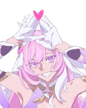 Rule 34 | 1girl, breasts, c5glg, commentary request, diamond-shaped pupils, diamond (shape), elysia (herrscher of human: ego) (honkai impact), elysia (honkai impact), gloves, heart, highres, honkai (series), honkai impact 3rd, long hair, looking at viewer, pink hair, purple eyes, simple background, smile, solo, symbol-shaped pupils, triquetra, upper body, veil, very long hair, white background, white gloves, white veil