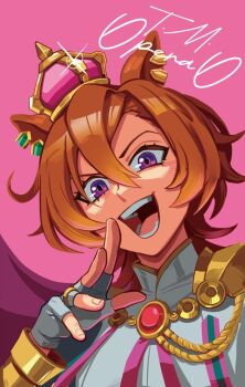 animal_ears boro^2 cape crown ear_ornament earrings fingerless_gloves gauntlets gloves gold_earrings horse_ears horse_girl jewelry mini_crown orange_hair pink_cape pink_crown portrait rope shoulder_guard t.m._opera_o_(o_sole_suo!)_(umamusume) t.m._opera_o_(umamusume) umamusume umamusume:_beginning_of_a_new_era umamusume:_road_to_the_top