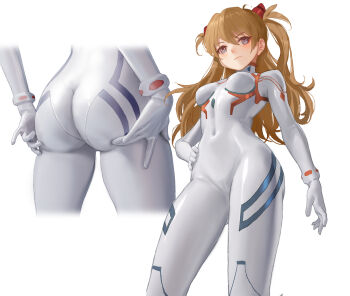 >:) 1girl ass ass_focus ass_support blue_eyes bodysuit breasts breasts_apart brown_hair cameltoe closed_mouth covered_navel cropped_legs d8800880 evangelion:_3.0+1.0_thrice_upon_a_time facing_viewer from_behind from_below gloves gluteal_fold grabbing_own_ass hairpods hand_on_own_hip hands_on_own_ass highres huge_ass interface_headset_(evangelion) long_hair looking_at_viewer looking_down mecha_pilot_suit multiple_views neon_genesis_evangelion plugsuit_(evangelion) rebuild_of_evangelion shiny_clothes simple_background skin_tight small_breasts smile souryuu_asuka_langley two_side_up v-shaped_eyebrows white_background white_bodysuit white_gloves wide_hips