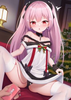 1girl black_panties blush bow bug butterfly cameltoe christmas christmas_tree controller detached_collar dress earrings frilled_straps fur_trim ghost_earrings hair_ornament hair_ribbon highres holding holding_remote_control hololive insect jewelry loli long_hair official_alternate_hair_color panties pantyhose pink_hair pov pov_hands red_eyes remote_control remote_control_vibrator ribbon sex_toy skull_collar thighhighs thighs twintails underwear uruha_rushia vibrator vibrator_cord vibrator_in_thighhighs vibrator_under_clothes vibrator_under_panties virtual_youtuber white_clover_(unfy8472) white_pantyhose wristband