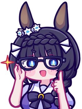 1girl animal_ears aya_chan1221 black_hair blue_eyes blush blush_stickers bow bowtie braid breasts chibi chibi_only commentary crown_braid glasses horse_ears horse_girl large_breasts long_hair looking_at_viewer open_mouth puffy_short_sleeves puffy_sleeves purple_bow purple_bowtie purple_shirt sailor_collar sailor_shirt school_uniform shirt short_sleeves simple_background smile solo symbol-only_commentary tracen_school_uniform umamusume upper_body white_background white_sailor_collar zenno_rob_roy_(umamusume)