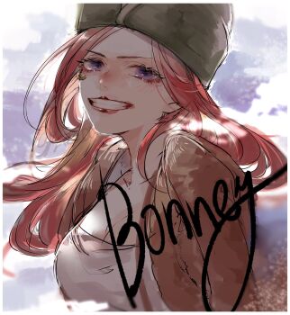 1girl anti-eyebrow_piercing blush brown_jacket character_name clenched_teeth commentary face_piercing floating_hair hat highres jacket jewelry_bonney long_hair looking_at_viewer one_piece outdoors piercing pink_hair purple_eyes sazu_00 smile solo symbol-only_commentary teeth upper_body