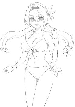 absurdres belly bikini breasts cleavage firefly_(honkai:_star_rail) grey_hairband grey_ribbon greyscale hair_ornament hair_ribbon hairband hand_up highres honkai:_star_rail honkai_(series) large_breasts long_hair monochrome navel open_mouth ribbon ribbon-trimmed_bikini ribbon_trim sei_(karupiza1490208) simple_background smile swimsuit white_background white_bikini