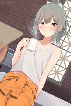 Rule 34 | 1boy, 1girl, befu, brick wall, brown eyes, cowboy shot, cup, grey eyes, highres, holding, holding cup, jumpsuit, jumpsuit around waist, kantai collection, long hair, mug, orange jumpsuit, ponytail, solo focus, tank top, tied jumpsuit, white tank top, window, yuubari (anime) (kancolle), yuubari (kancolle), yuubari kai ni (kancolle)