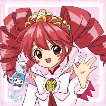 Rule 34 | 1girl, :d, ahoge, argyle background, arm up, blonde hair, blue hat, blush stickers, border, bow, bowtie, chest bow, clamp (circle) (style), commentary, creature, crest, dress, drill hair, earrings, fairy, fine (futagohime), fine (prominence dress up) (futagohime), frilled dress, frilled sleeves, frills, fushigiboshi no futago hime, gem, gold tiara, hair between eyes, hair ornament, hand up, hat, hat ornament, high collar, highres, jeweled hat, jewelry, long hair, long sleeves, looking at viewer, magical girl, medallion, mixed-language commentary, open hand, open mouth, phrygian cap, pink background, pink dress, pointy ears, portrait, pumo (futagohime), purple bow, purple bowtie, purple eyes, rabirami, red eyes, red gemstone, red hair, single blush sticker, smile, star (symbol), star earrings, star hair ornament, sun hat ornament, supportasse, tail, tiara, twin drills, waving, white bow, wide sleeves