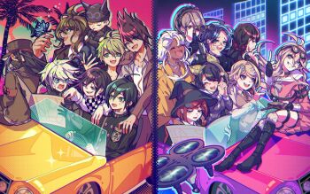 6+boys 6+girls ahoge akamatsu_kaede amami_rantaro android antenna_hair black_boots black_choker black_gloves black_hair black_hat black_headdress black_shirt blonde_hair blue_hair blush blush_stickers boots breast_pocket brown_hair brown_jacket bug butterfly buttons car chabashira_tenko chain checkered_clothes checkered_scarf choker closed_eyes closed_mouth collared_shirt commentary_request danganronpa_(series) danganronpa_v3:_killing_harmony dark-skinned_female dark_skin driving drooling eyelashes facial_hair fingerless_gloves fortissimo glasses gloves goatee goggles goggles_on_head gokuhara_gonta green_eyes green_hair green_hat green_ribbon grey_eyes grey_hair hair_ornament hair_ribbon hairband hand_on_own_face harukawa_maki hat high_heel_boots high_heels highres holding holding_map holding_opera_glasses hoshi_ryoma insect iruma_miu jacket jewelry k1-b0 long_hair long_sleeves lower_teeth_only map mask momota_kaito motor_vehicle mouth_drool mouth_mask multiple_boys multiple_girls musical_note musical_note_hair_ornament necklace necktie nota_sayaka oma_kokichi open_clothes open_jacket open_mouth opera_glasses own_hands_together palm_tree pink_serafuku pink_shirt pink_skirt pocket purple_eyes purple_hairband red_eyes red_hair ribbon round_eyewear saihara_shuichi sailor_collar scarf school_uniform serafuku shinguji_korekiyo shirogane_tsumugi shirt short_hair skirt smile split_screen striped_clothes striped_shirt sweatdrop teeth thigh_strap tojo_kirumi tree upper_teeth_only vertical-striped_clothes vertical-striped_shirt white_hair white_sailor_collar white_shirt witch_hat yellow_jacket yonaga_angie yumeno_himiko zipper