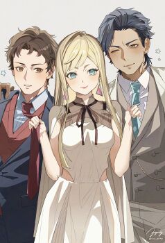 Rule 34 | 1girl, 2boys, asa going, black jacket, blonde hair, blue eyes, blue hair, blue necktie, breasts, brown eyes, brown hair, brown vest, closed mouth, clothes grab, dress, earrings, gigi andalusia, grey background, gundam, gundam hathaway's flash, hashtag-only commentary, hathaway noa, highres, jacket, jewelry, kenneth sleg, long hair, looking at another, looking at viewer, multiple boys, necktie, necktie grab, neckwear grab, one eye closed, parted bangs, parted lips, red necktie, short hair, simple background, small breasts, smile, star (symbol), swept bangs, vest, white dress