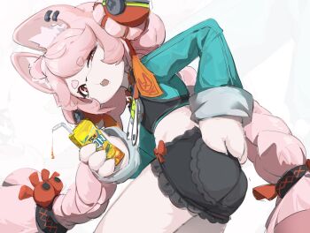 1girl absurdres animal_ear_fluff animal_ear_piercing animal_ears black_shorts braid braided_twintails commentary drink_carton drinking_straw from_side furry furry_female green_shirt hair_ornament highres holding holding_drink_carton holding_juice_box juice juice_box leaning_forward long_hair looking_at_viewer open_mouth pink_fur pink_hair rabbit_ears rabbit_girl red_eyes screw shirt shorts simple_background solo sphere_hair_ornament untranslatable_commentary white_background y_c_n zenless_zone_zero zhao_(zenless_zone_zero)