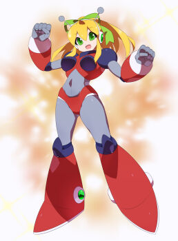 absurdres antennae armor armored_boots armored_gloves arms_up bikini_armor blonde_hair blue_eyes blurry blurry_background boots breasts covered_navel green_ribbon hair_ribbon hairband headphones henshin highres hyper_roll_(marvel_vs._capcom) joints kaidou_zx knee_boots knee_pads large_breasts large_variant_set long_hair looking_at_viewer marvel_vs._capcom mechanical_arms mechanical_boots mechanical_legs mega_man_(classic) mega_man_(series) navel ponytail radio_antenna red_armor ribbon robot robot_girl robot_joints roll_(mega_man) shoulder_armor sidelocks simple_background smile sparks transformation variant_set white_background