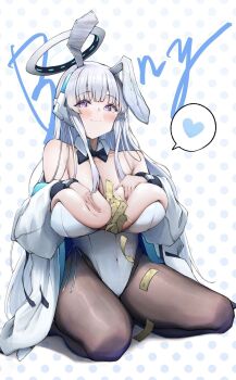 1girl alternate_costume animal_ears banknote bare_shoulders black_pantyhose blue_archive blue_bow blue_bowtie blush bow bowtie breasts caff_(aosui9) closed_mouth commentary covered_navel detached_collar fake_animal_ears falling_money grabbing_own_breast halo headgear heart highleg highleg_leotard highres jacket large_breasts leotard long_hair long_sleeves looking_at_viewer mechanical_halo millennium_science_school_logo money noa_(blue_archive) pantyhose playboy_bunny polka_dot polka_dot_background purple_eyes rabbit_ears sitting smile solo spoken_heart strapless strapless_leotard traditional_bowtie tucked_money wariza white_hair white_halo white_jacket white_leotard