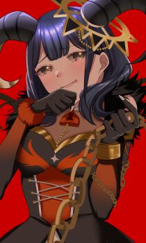 1girl :p absurdres black_dress black_gloves blue_hair blunt_bangs blush breasts chain claws closed_mouth commentary cross-laced_clothes cross-laced_dress demon_horns dress elbow_gloves fur-trimmed_dress fur-trimmed_gloves fur_trim gloves gold_chain gradient_gloves hanayagi_kaoruko hands_up head_tilt highres holding holding_chain horns kamikawa_celery light_smile lock looking_at_viewer medium_breasts medium_hair official_alternate_costume orange_dress orange_gloves padlock padlocked_collar raised_eyebrows red_background shoujo_kageki_revue_starlight shoujo_kageki_revue_starlight_-re_live- simple_background sleeveless sleeveless_dress solo tongue tongue_out two-tone_dress two-tone_gloves upper_body yellow_eyes