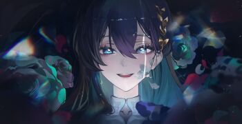 Rule 34 | 1girl, black hair, blue eyes, blurry, blurry foreground, blush, chromatic aberration, collarbone, collared shirt, colored inner hair, eyelashes, facial tattoo, floral background, green hair, hair between eyes, hair ornament, happy, highres, leaf hair ornament, light, long hair, multicolored hair, open mouth, original, portrait, shirt, single sidelock, solo, sweat, tattoo, teeth, totomong