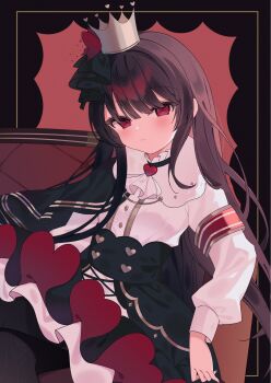 1girl alternate_costume armband ascot black_background black_capelet black_hair black_pantyhose black_skirt blunt_bangs budou_913 capelet closed_mouth commentary_request couch crossed_legs crown highres leaning_back long_hair long_sleeves looking_at_viewer mahou_shoujo_no_majo_saiban nikaido_hiro on_couch pantyhose red_armband red_eyes shirt sitting skirt solo white_ascot white_shirt
