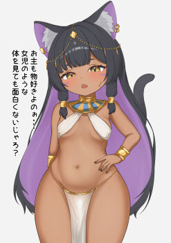 1girl absurdres ancient_egyptian ancient_egyptian_clothes animal_ear_fluff animal_ears bangle bare_shoulders black_hair blush bracelet breasts cat_ears cat_tail colored_inner_hair commentary_request cowboy_shot dark-skinned_female dark_skin fang hand_on_own_hip highres if_you_want_to_become_a_godly_artist_(trend) jewelry long_hair looking_at_viewer multicolored_hair navel open_mouth original purple_hair skin_fang solo stomach sweatdrop tail translation_request two-tone_hair usekh_collar very_long_hair white_loincloth yellow_eyes yomocha_skebmu_ji_zhong