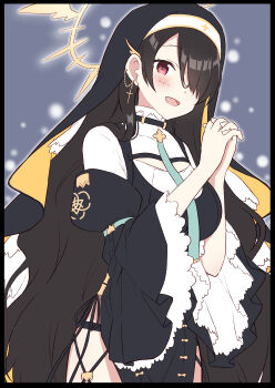 1girl :d absurdres akane_souichi black_border black_dress black_hair black_sleeves black_veil blue_archive blurry blurry_background blush border breasts bright_pupils cleavage_cutout clothing_cutout coif commentary cowboy_shot cross cross_earrings dot_nose dress earrings frilled_sleeves frills from_below grey_background hair_between_eyes hair_over_one_eye halo hands_up highres hinata_(blue_archive) jewelry large_breasts latin_cross long_hair looking_at_viewer nun one_eye_covered open_mouth own_hands_clasped own_hands_together pink_eyes side_slit sidelocks smile solo standing two-tone_dress veil very_long_hair white_dress white_pupils wide_sleeves winged_halo yellow_halo