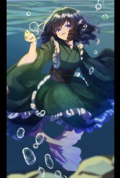 1girl air_bubble blue_eyes blue_hair blue_tail bubble commentary_request drill_hair drill_sidelocks fins frilled_kimono frills green_kimono head_fins highres japanese_clothes kimono kneeless_mermaid mermaid monster_girl obi obijime ochazuke open_mouth sash sidelocks solo touhou underwater wakasagihime wide_sleeves