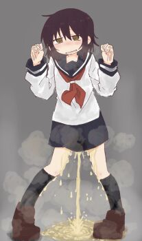 1girl against_fourth_wall black_socks blue_sailor_collar blue_skirt blush breath brown_eyes brown_hair brown_shoes clenched_hands embarrassed female_focus flat_chest full_body grey_background half-closed_eyes hands_up kneehighs kude_rei_(ponnu_(tnpn2yw)) legs_apart long_sleeves looking_at_viewer miniskirt neckerchief nose_blush open_mouth original pee peeing peeing_self pigeon-toed pleated_skirt ponnu_(tnpn2yw) puddle raised_eyebrows red_neckerchief sailor_collar school_uniform serafuku shirt shoes short_hair sidelocks simple_background skirt socks solo standing steam wet wet_clothes wet_shirt wet_skirt white_shirt