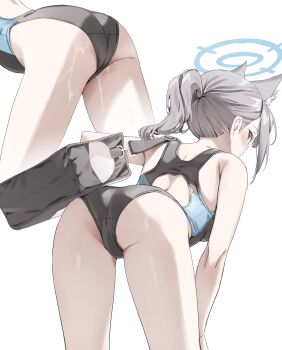 1girl absurdres animal_ear_fluff animal_ears ass bag bare_shoulders bent_over blue_archive blue_eyes blush commentary competition_swimsuit cropped_legs extra_ears from_behind grey_hair halo highres looking_at_viewer looking_back multiple_views one-piece_swimsuit ponytail scarlet_(wv0102) shiroko_(blue_archive) shiroko_(swimsuit)_(blue_archive) shoulder_bag simple_background swimsuit wet white_background white_one-piece_swimsuit wolf_ears