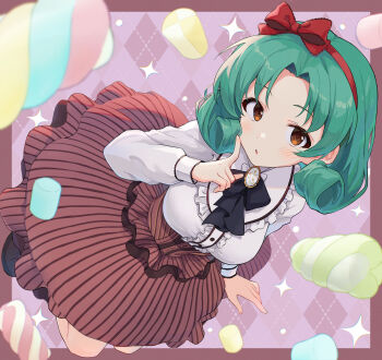 Rule 34 | 1girl, absurdres, blush, bow, breasts, brown eyes, commentary request, finger to cheek, food, green hair, hair bow, hairband, highres, idolmaster, idolmaster million live!, long sleeves, looking at viewer, marshmallow, parted lips, pinstripe pattern, pinstripe skirt, red bow, red hairband, shirt, shuucream (syuichi), solo, tokugawa matsuri, white shirt