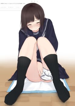 Rule 34 | 1girl, black socks, blue sailor collar, blue shirt, brown hair, closed mouth, commentary request, female masturbation, full body, hair ornament, hairclip, highres, kanekan, kneehighs, knees up, long sleeves, masturbation, medium hair, no shoes, on floor, original, panties, panties around leg, pee pad, polka dot, polka dot panties, pussy juice, ribbed socks, sailor collar, shirt, sitting, socks, solo, split mouth, towel, underwear, white panties, wooden floor