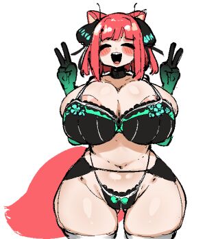 1girl animal_ears areola_slip black_bra black_panties blunt_bangs bra breasts cat_ears cat_girl cleavage closed_eyes commentary crr001 curvy double_v facing_viewer go-toubun_no_hanayome groin huge_breasts lingerie nakano_nino navel open_mouth panties red_hair short_hair solo teeth thighhighs underwear upper_teeth_only v white_thighhighs