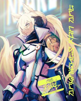 animal_ears arknights artist_name belt black_gloves blonde_hair blurry blurry_background breasts cape character_name closed_mouth clothing_cutout coat commentary_request dress english_text epaulettes film_grain from_below gloves headset highres horse_ears horse_tail long_hair medium_breasts multiple_belts nearl_(arknights) nearl_the_radiant_knight_(arknights) peppsi_(saba_sabasuk0) ponytail profile side_cutout sidelocks single_epaulette single_vambrace standing tail upper_body vambraces watermark white_cape white_coat white_dress yellow_eyes yellow_tail