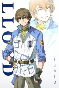 Rule 34 | 1boy, ao no kiseki, artist name, brown gloves, brown hair, brown pants, coat, dog tags, eiyuu densetsu, ffuald1013, gloves, hashtag-only commentary, highres, lloyd bannings, looking at viewer, male focus, mullet, pants, smile, white background, zero no kiseki