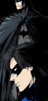 2boys batman batman_(series) black_hair bodysuit bruce_wayne cape dc_comics dick_grayson domino_mask eye_mask family father_and_son male_focus mask multiple_boys nightwing