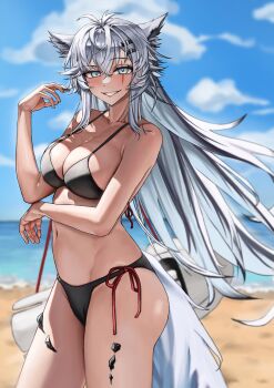 1girl absurdres animal_ear_fluff animal_ears arknights beach bikini black_bikini blue_sky breasts cleavage grey_eyes grey_hair grey_tail hair_between_eyes highres khione_(yukhione) lappland_(arknights) long_hair looking_at_viewer material_growth medium_breasts oripathy_lesion_(arknights) outdoors scar scar_across_eye scar_on_face sky smile solo swimsuit tail wolf_ears wolf_girl wolf_tail