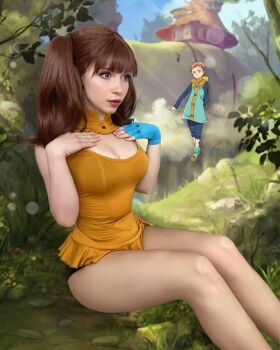 Rule 34 | 1girl, bare shoulders, breasts, brown hair, cleavage, cosplay, cosplay photo, diane (nanatsu no taizai), diane (nanatsu no taizai) (cosplay), fingerless gloves, gloves, highres, king (nanatsu no taizai), lady pizza hug, large breasts, long hair, nanatsu no taizai, photo (medium), real life, shorts, single glove, sleeveless, thighs, twintails