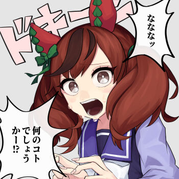 1girl absurdres breasts collarbone commentary_request fluffy_hair grey_background hair_between_eyes hair_ornament highres looking_at_viewer nice_nature_(umamusume) open_mouth portrait red_hair sanada_ina school_uniform solo sweatdrop tracen_school_uniform translation_request umamusume