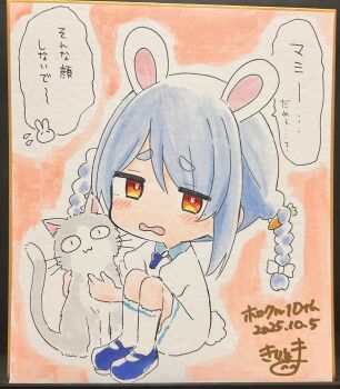 1girl absurdres aged_down animal animal_ear_fluff animal_ears blue_bow blue_hair blue_shoes bow carrot_hair_ornament cat collared_dress dress flying_sweatdrops food-themed_hair_ornament hair_bow hair_ornament highres hololive kiritoma open_mouth outline photo_(medium) puffy_short_sleeves puffy_sleeves rabbit-shaped_pupils rabbit_ears rabbit_girl rabbit_tail red_eyes shikishi shoes short_eyebrows short_sleeves signature sitting socks solo symbol-shaped_pupils tail thick_eyebrows traditional_media translation_request usada_pekora virtual_youtuber wavy_mouth white_bow white_dress white_outline white_socks