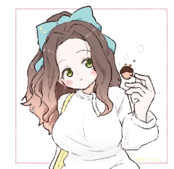 1girl bag blue_bow blush bow breasts brown_hair closed_mouth eating food forehead green_eyes hair_bow hand_up holding holding_food inset_border large_breasts long_hair long_sleeves looking_at_viewer olto_rondo original raised_eyebrows shirt shoulder_bag solo upper_body white_background white_shirt yellow_bag