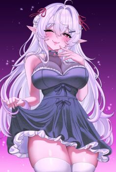 1girl ahoge black_dress blush breasts closed_mouth commission covered_collarbone dress grey_hair hair_intakes hair_ornament hair_ribbon hairpin highres ibbychan indie_virtual_youtuber kazeki_(vtuber) lips long_hair one_eye_closed pink_eyes pointy_ears red_ribbon ribbon smile solo thighhighs virtual_youtuber white_thighhighs