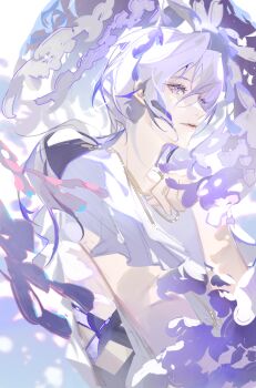 Rule 34 | 1boy, absurdres, aged down, ancient greek clothes, cael anselm, cael anselm (white city), chinese commentary, chiton, closed mouth, commentary request, cross-laced clothes, dappled sunlight, expressionless, flower, from side, gold necklace, greco-roman clothes, hair between eyes, hand up, highres, jewelry, long hair, looking at viewer, lovebrush chronicles, low ponytail, male focus, necklace, ponytail, profile, purple eyes, purple flower, short sleeves, sideways glance, solo, sunlight, tunic, upper body, white background, white hair, white tunic, wisteria, yichun583