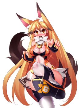 10s 1girl alternate_costume animal_ears bare_shoulders blonde_hair blush boots bow breasts bridal_gauntlets cleavage curvy ezo_red_fox_(kemono_friends) female_focus fox_ears fox_tail highres japari_symbol kemono_friends large_breasts leotard long_hair looking_at_viewer nagai_wataru orange_eyes see-through_clothes shiny_clothes solo tail thigh_boots thighhighs very_long_hair white_bow white_neckwear wide_hips