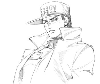 Rule 34 | 1boy, androgyne symbol, closed mouth, diamond wa kudakenai, graphite (medium), greyscale, hat, high collar, highres, jojo no kimyou na bouken, kuujou joutarou, looking at viewer, male focus, monochrome, nyum, open clothes, peaked cap, simple background, solo, traditional media, upper body, white background