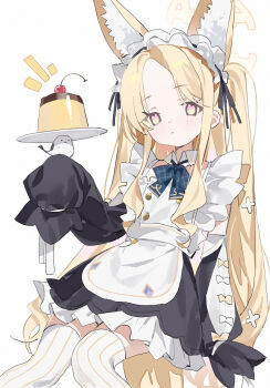 1girl alternate_costume animal_ears apron bird blonde_hair blue_archive detached_sleeves dress enmaided food fox_ears halo highres long_hair maid maid_headdress measho seia_(blue_archive) simple_background solo thighhighs white_background white_thighhighs