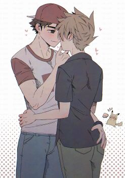 2boys arm_up backwards_hat baseball_cap ben-day_dots black_shirt blue_oak blue_pants brown_eyes brown_hair closed_mouth commentary_request crew_neck denim gen_1_pokemon grey_pants hand_on_another's_ass hand_on_another's_face hand_on_another's_hip hat heart highres jeans male_focus multicolored_hair multiple_boys nintendo pants pikachu pk_rgr96 pokemon pokemon_(creature) pokemon_sm red_(pokemon) red_hat screentones shirt short_hair short_sleeves smile spiked_hair standing t-shirt two-tone_hair yaoi