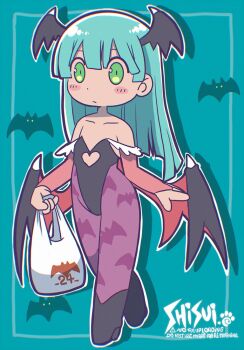 Rule 34 | 1girl, :/, animal print, artist logo, bag, bat background, bat print, black leotard, black shoes, blue background, blue border, blue hair, blunt ends, blush, border, bridal gauntlets, chibi, chibi only, chromatic aberration, closed mouth, clothing cutout, collarbone, commentary request, darkstalkers, demon girl, demon wings, double-parted bangs, drop shadow, expressionless, frilled bridal gauntlets, green eyes, hair between eyes, head wings, heart cutout, holding, holding bag, leotard, logo, long hair, morrigan aensland, outline, pantyhose, purple pantyhose, red bridal gauntlets, shisui, shoes, shopping bag, simple background, solo, strapless, strapless leotard, walking, white bag, white outline, wings