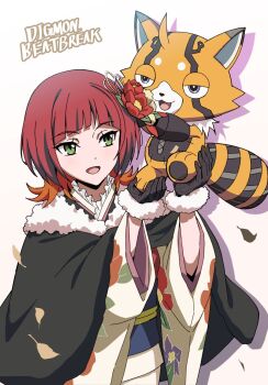 digimon digimon_(creature) digimon_beatbreak dk_digimon falling_leaves japanese_clothes kimono leaf open_mouth pristimon sakuya_reina short_hair smile