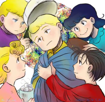 2girls 3boys american_football baseball_cap black_hair blanket blue_dress blue_eyes brother_and_sister brown_eyes charlie_brown cup dress empty_eyes expressionless hat holding holding_cup linus_van_pelt lucy_van_pelt multiple_boys multiple_girls peanuts_(comic) pink_dress purple_shirt red_shirt sally_brown schroeder_(peanuts) shirt short_hair siblings smile thevigil yellow_shirt