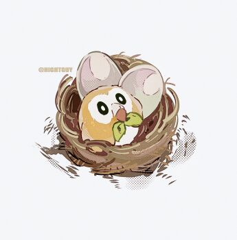 artist_name baby_animal beak bird bird_nest bow bowtie chick closed_mouth commentary egg film_grain from_above gen_7_pokemon green_bow green_bowtie halftone halftone_background highres hightguy in_nest looking_up nest nintendo no_humans owl pokemon pokemon_(creature) rowlet simple_background solo symbol-only_commentary white_background