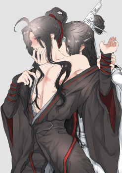 2boys absurdres ahoge androgynous bare_pectorals bare_shoulders bishounen biting black_hair black_hanfu blush chinese_clothes collarbone couple eyes_visible_through_hair finger_in_another&#039;s_mouth grey_background hair_ribbon hand_on_another&#039;s_face hand_up hanfu headband high_ponytail highres holding_another&#039;s_wrist lan_wangji long_hair long_sleeves looking_at_another male_focus modao_zushi multiple_boys naruse_(kmk648) neck_biting off_shoulder open_clothes open_robe parted_bangs pectorals ponytail purple_eyes red_ribbon ribbon robe sidelocks simple_background single_bare_shoulder tongue topknot wei_wuxian white_headband wide_sleeves xiao_guan_(headdress) yaoi yellow_eyes