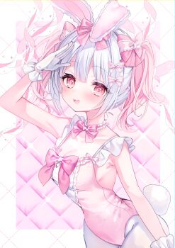 1girl :d absurdres animal_ears arm_up bare_shoulders blush border bow bowtie breasts cleavage commentary_request cowboy_shot fang gloves grey_hair hair_bow highres kabashima_hana leotard looking_at_viewer medium_breasts multicolored_hair open_mouth original outside_border pantyhose pink_background pink_bow pink_bowtie pink_hair pink_leotard playboy_bunny rabbit_ears rabbit_tail red_eyes short_hair smile solo tail two-tone_hair white_border white_gloves white_pantyhose