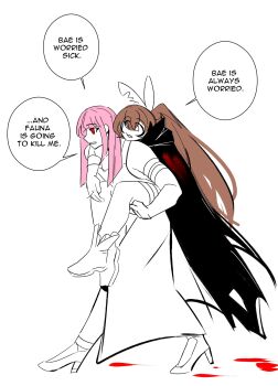 Rule 34 | absurdres, blood trail, brown hair, carrying, english text, hair ornament, highres, hololive, hololive english, long hair, mochiparrot, mori calliope, multicolored hair, multiple girls, nanashi mumei, piggyback, pink hair, ponytail, red eyes, virtual youtuber